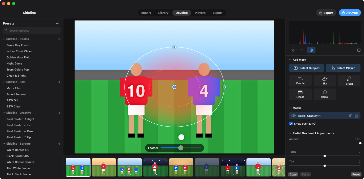 Sideline's Develop view with a radial gradient mask drawn over two players, and mask buttons for Select Subject, Select Player, People, Sky, Brush, Linear and Radial.