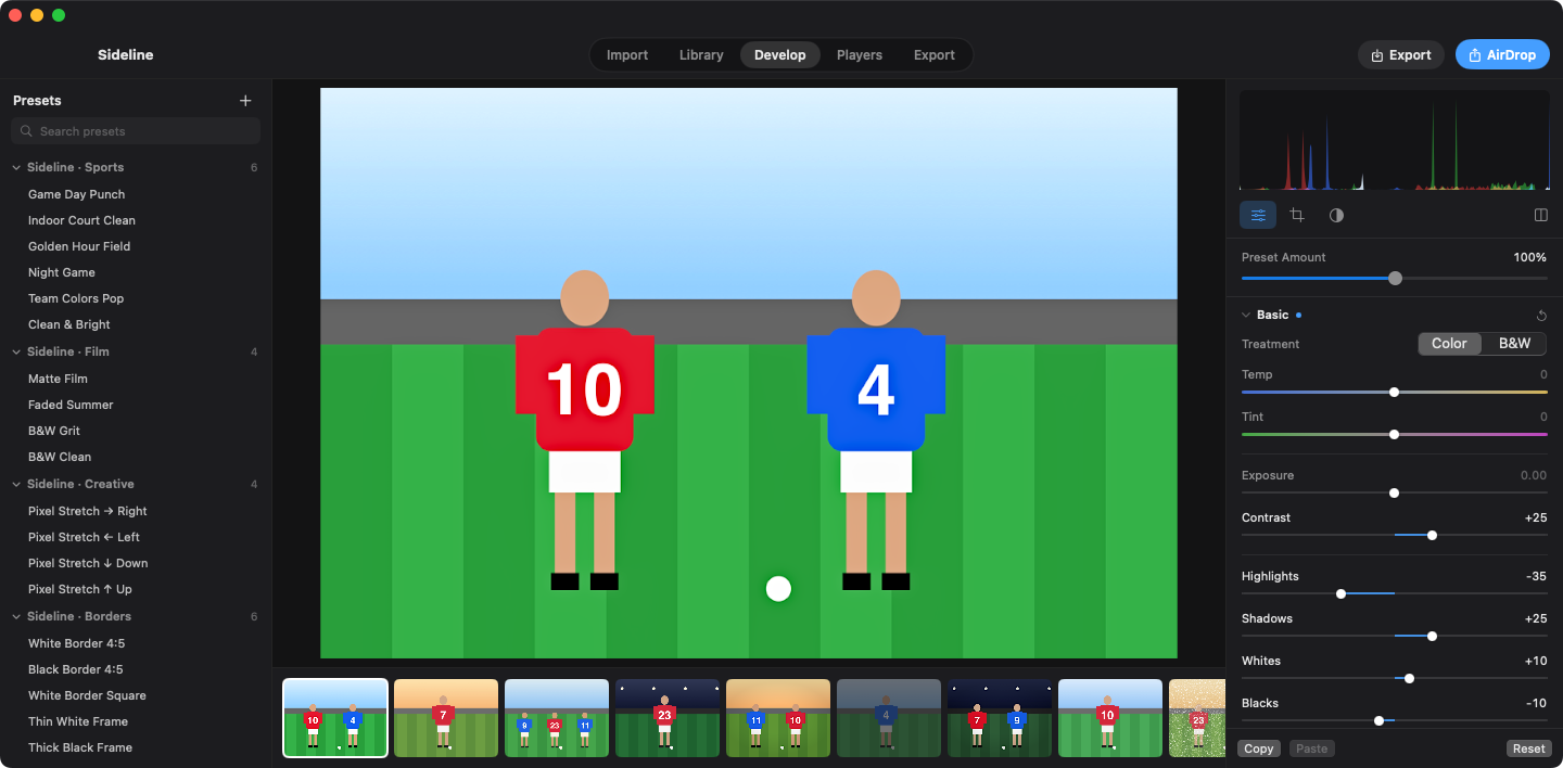 Sideline's Develop view: Lightroom-style presets on the left, a photo of two soccer players numbered 10 and 4 in the middle, and basic tone sliders on the right.