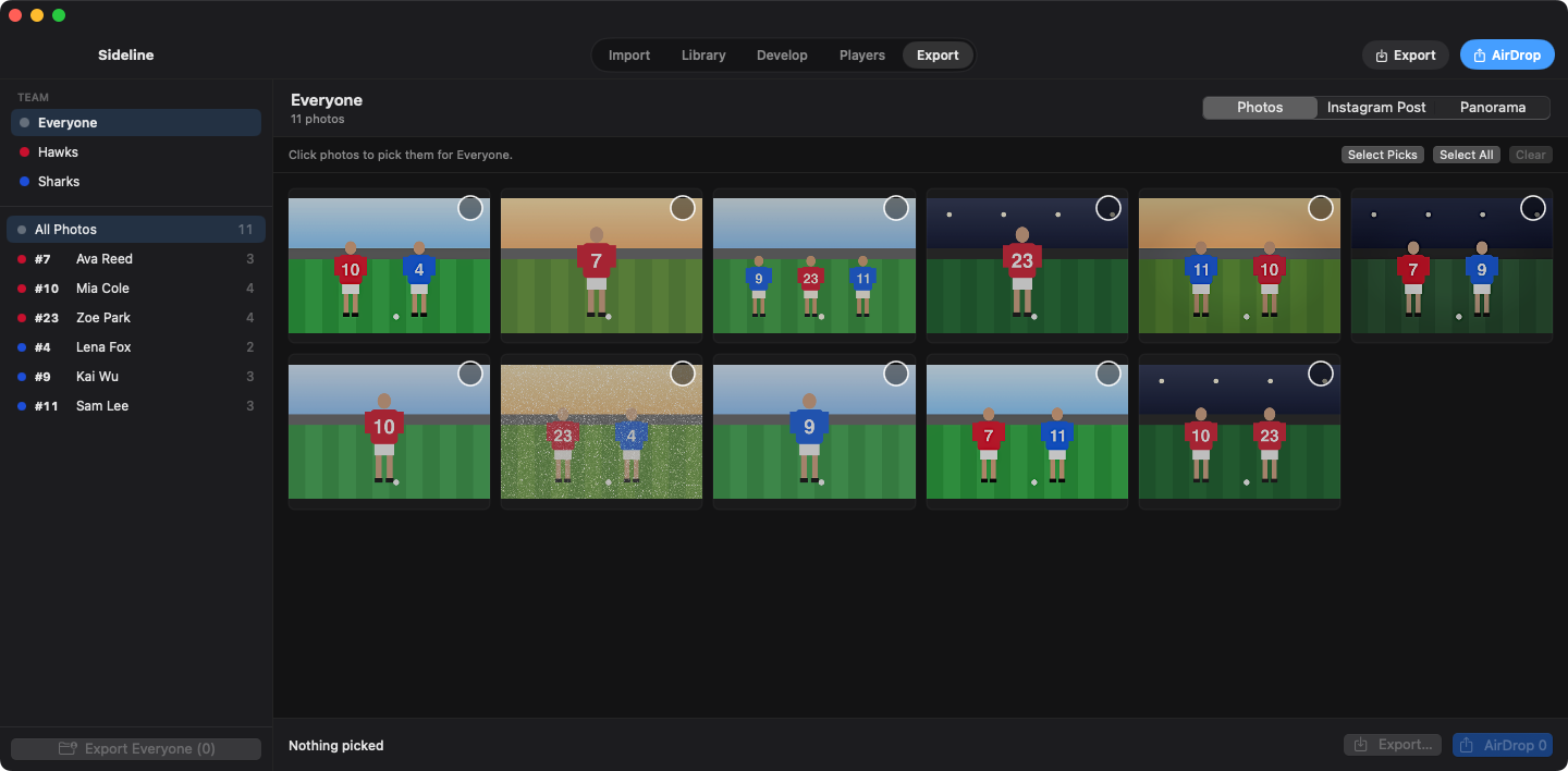 Sideline's Export tab: teams and players listed on the left with photo counts, a grid of game photos to pick from, and switches for Photos, Instagram Post and Panorama.