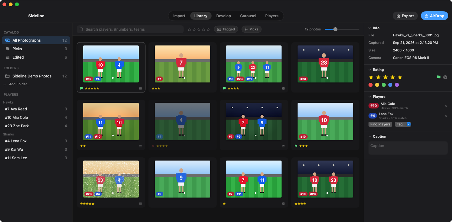 Sideline's Library with a grid of soccer photos, each labelled with the jersey numbers found in it, and a Players panel matching #10 to Mia Cole and #4 to Lena Fox.
